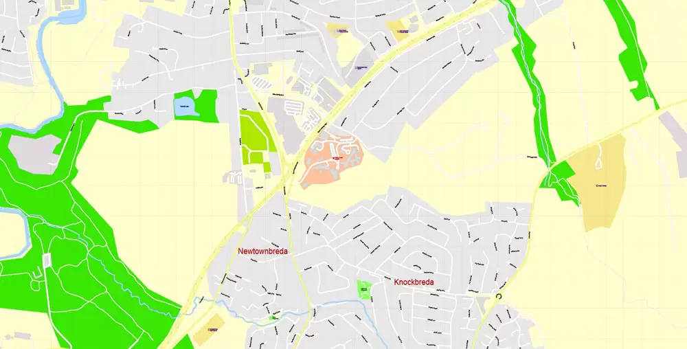 Printable Vector Map Belfast Metropolitan Area, Northern Ireland, exact detailed City Plan with Buildings, 100 meters scale map 1:2721, editable Layered Adobe Illustrator