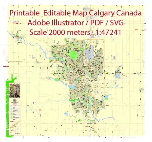 Printable Map Calgary, Canada, exact City Plan 2000 meters scale full editable, Adobe Illustrator, vector, scalable, editable text format  street names, 12 mb ZIP