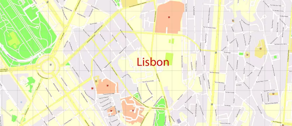 Map Lisbon (Lisboa) Metropolitan Area, Portugal, Printable Vector exact detailed City Plan, scale 1:3664, editable Layered Adobe Illustrator