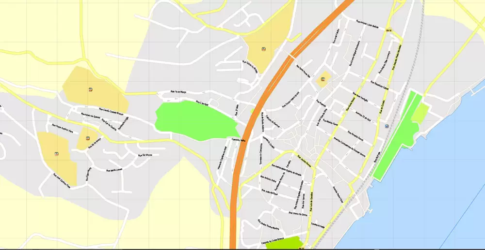 Map Lisbon (Lisboa) Metropolitan Area, Portugal, Printable Vector exact detailed City Plan, scale 1:3664, editable Layered Adobe Illustrator