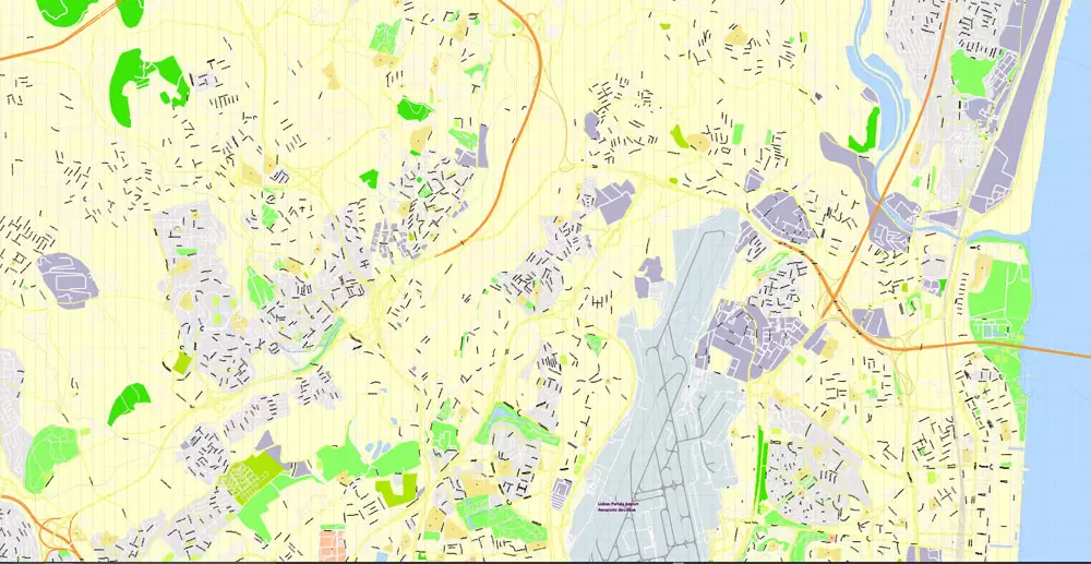 Map Lisbon (Lisboa) Metropolitan Area, Portugal, Printable Vector exact detailed City Plan, scale 1:3664, editable Layered Adobe Illustrator