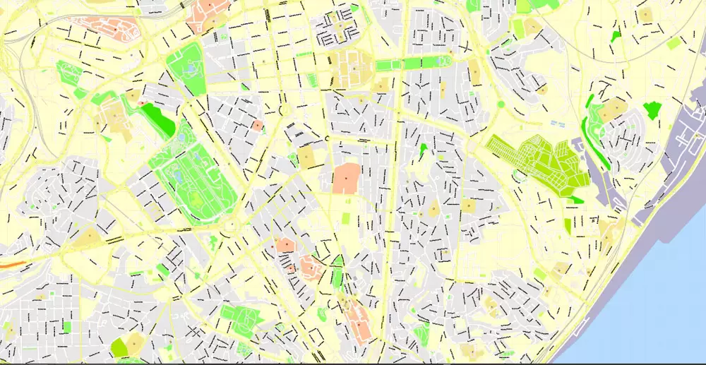 Map Lisbon (Lisboa) Metropolitan Area, Portugal, Printable Vector exact detailed City Plan, scale 1:3664, editable Layered Adobe Illustrator