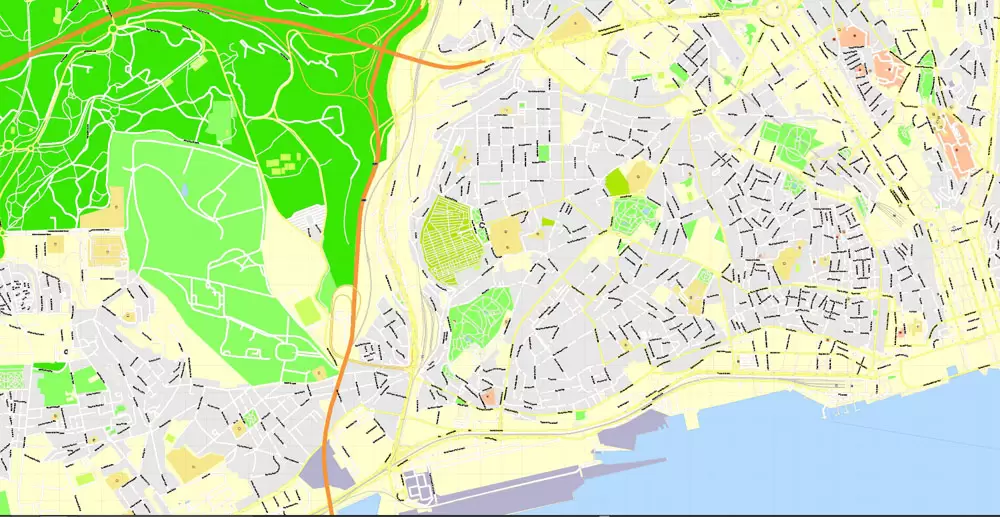 Map Lisbon (Lisboa) Metropolitan Area, Portugal, Printable Vector exact detailed City Plan, scale 1:3664, editable Layered Adobe Illustrator