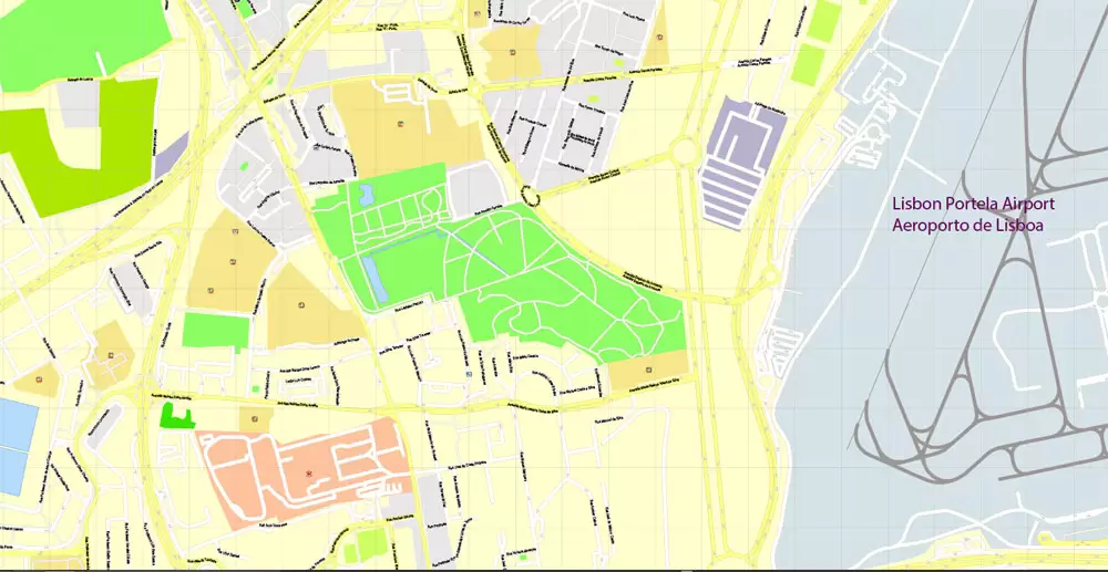 Map Lisbon (Lisboa) Metropolitan Area, Portugal, Printable Vector exact detailed City Plan, scale 1:3664, editable Layered Adobe Illustrator