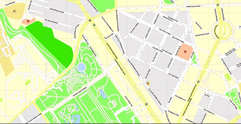 Map Lisbon (Lisboa) Metropolitan Area, Portugal, Printable Vector exact detailed City Plan, scale 1:3664, editable Layered Adobe Illustrator