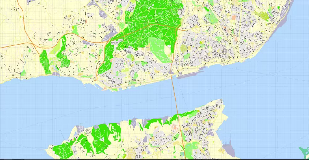 Map Lisbon (Lisboa) Metropolitan Area, Portugal, Printable Vector exact detailed City Plan, scale 1:3664, editable Layered Adobe Illustrator