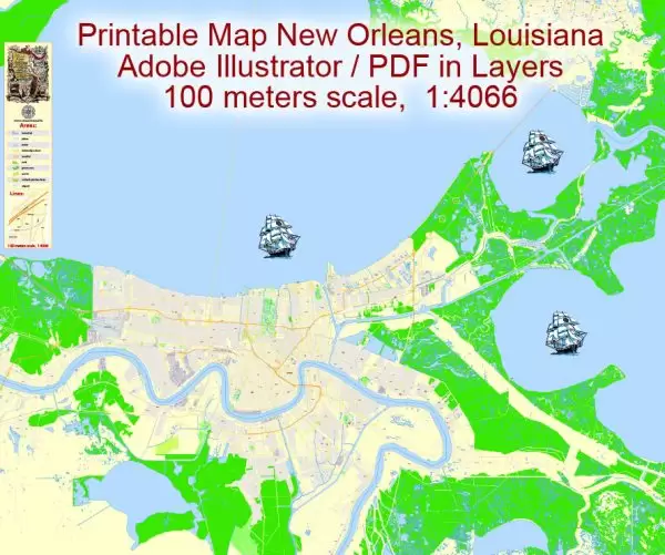 Map New Orleans, Louisiana, exact vector detailed City Plan Adobe Illustrator