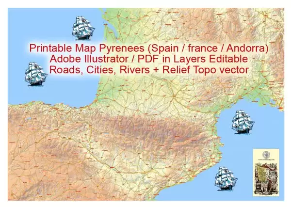 Editable Vector Map Pyrenees Area, Relief, Roads and Waterways map Printable Adobe Illustrator