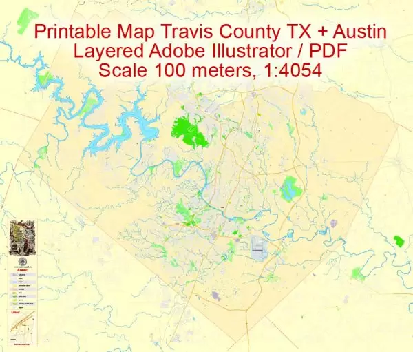 Map Travis County + Austin, Texas US, Adobe Illustrator Editable Printable exact detailed vector Map Scale 100 meters