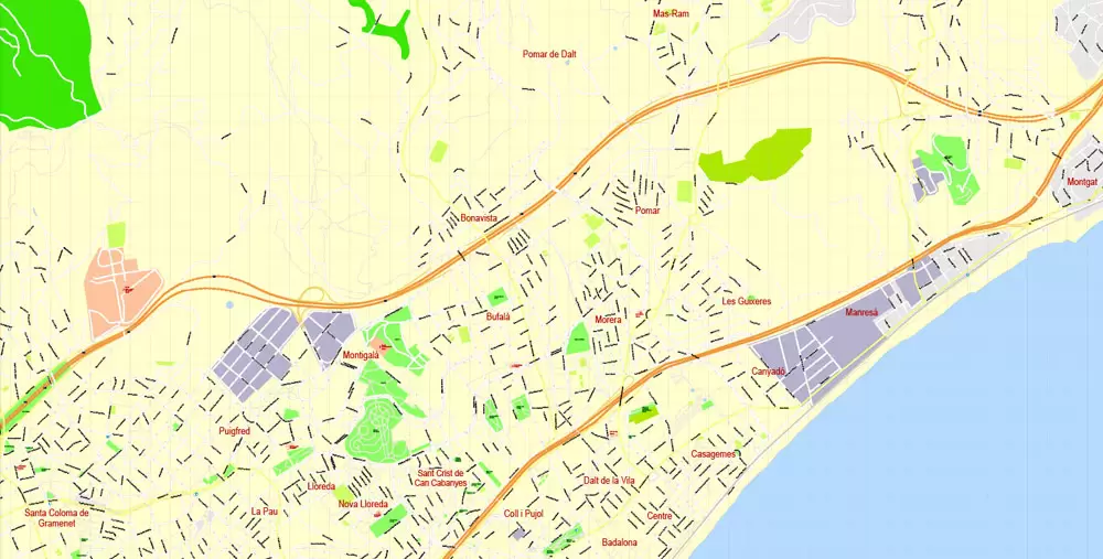 Printable Vector Map Barcelona, Spain, exact detailed City Plan, 100 meters scale map 1:3524, editable Layered Adobe Illustrator