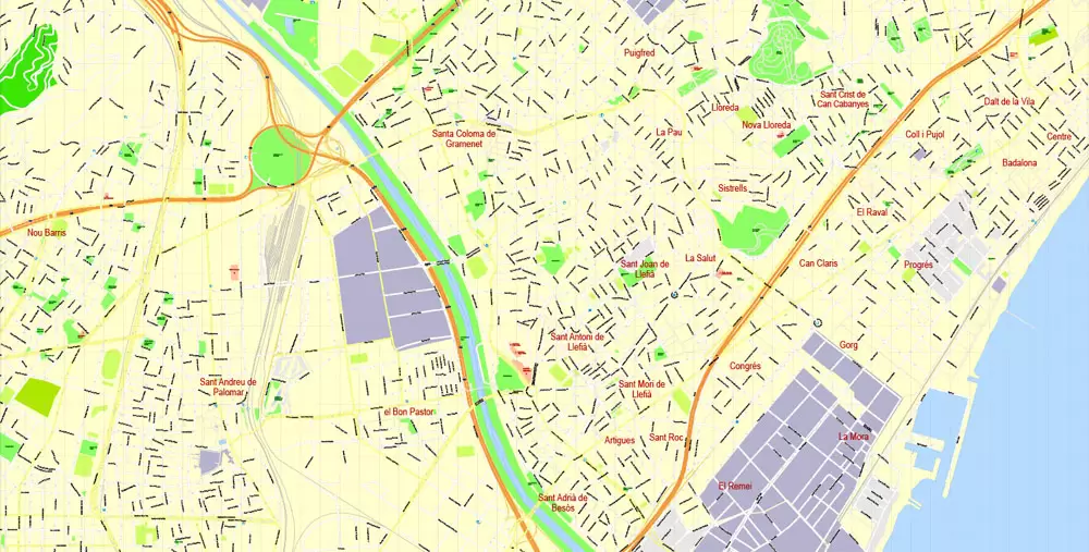 Printable Vector Map Barcelona, Spain, exact detailed City Plan, 100 meters scale map 1:3524, editable Layered Adobe Illustrator