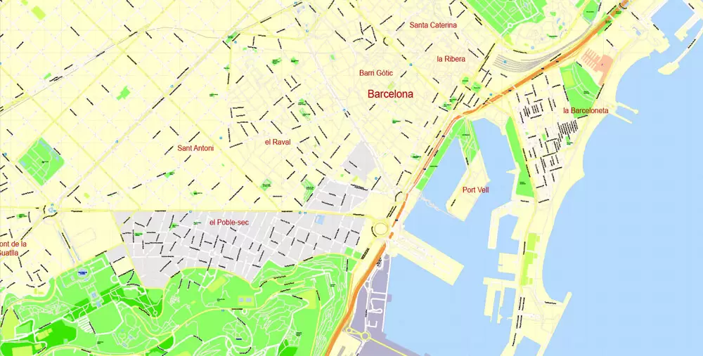 Printable Vector Map Barcelona, Spain, exact detailed City Plan, 100 meters scale map 1:3524, editable Layered Adobe Illustrator