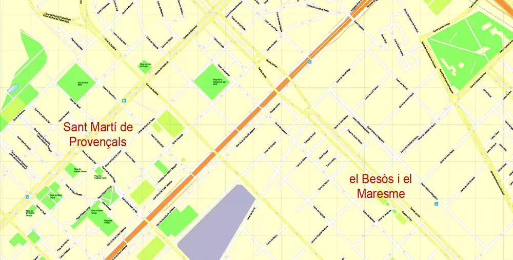 Printable Vector Map Barcelona, Spain, exact detailed City Plan, 100 meters scale map 1:3524, editable Layered Adobe Illustrator