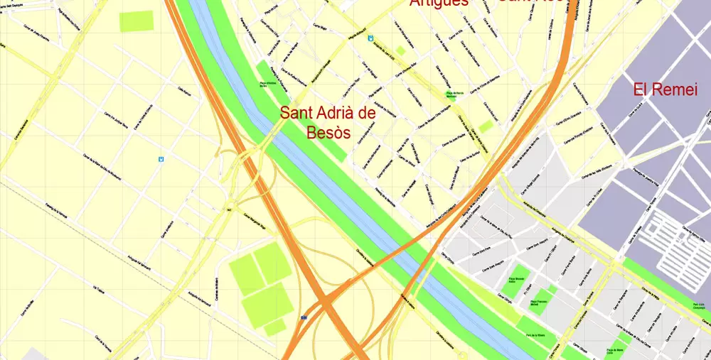 Printable Vector Map Barcelona, Spain, exact detailed City Plan, 100 meters scale map 1:3524, editable Layered Adobe Illustrator