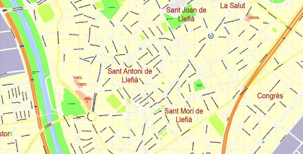 Printable Vector Map Barcelona, Spain, exact detailed City Plan, 100 meters scale map 1:3524, editable Layered Adobe Illustrator