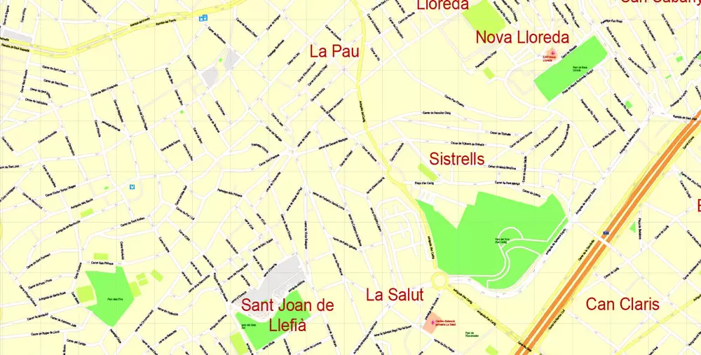 Printable Vector Map Barcelona, Spain, exact detailed City Plan, 100 meters scale map 1:3524, editable Layered Adobe Illustrator