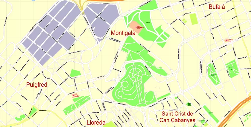 Printable Vector Map Barcelona, Spain, exact detailed City Plan, 100 meters scale map 1:3524, editable Layered Adobe Illustrator