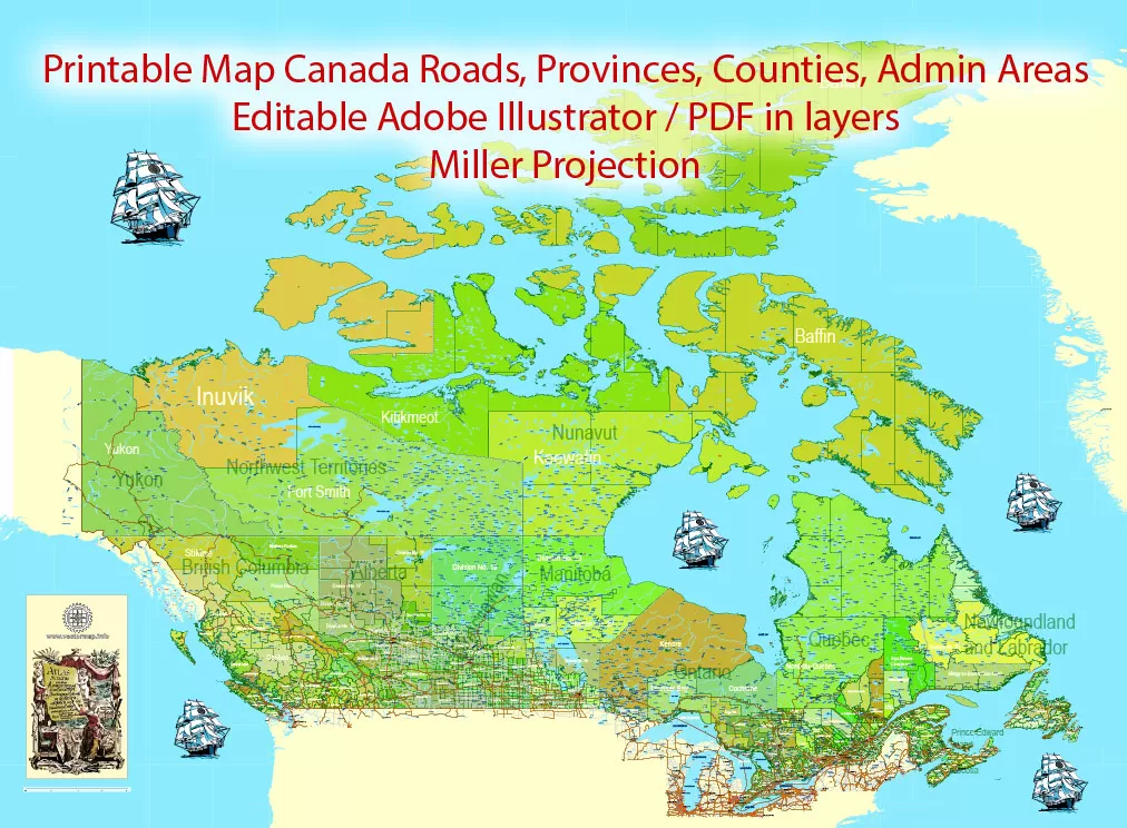 Printable Admin Road Map Canada Extra Detailed, Miller Projection, - Provinces, Counties, Admin Districts, Roads, Water, Cities, Airports full editable, Adobe Illustrator, scalable, editable text format names, 154 Mb ZIP