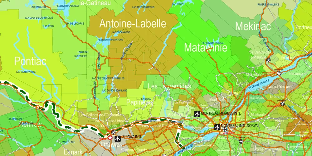 Printable Admin Road Map Canada Extra Detailed, Miller Projection, - Provinces, Counties, Admin Districts, Roads, Water, Cities, Airports full editable, Adobe Illustrator, scalable, editable text format names, 154 Mb ZIP