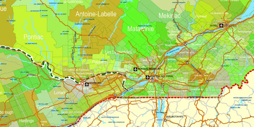 Printable Admin Road Map Canada Extra Detailed, Miller Projection, - Provinces, Counties, Admin Districts, Roads, Water, Cities, Airports full editable, Adobe Illustrator, scalable, editable text format names, 154 Mb ZIP