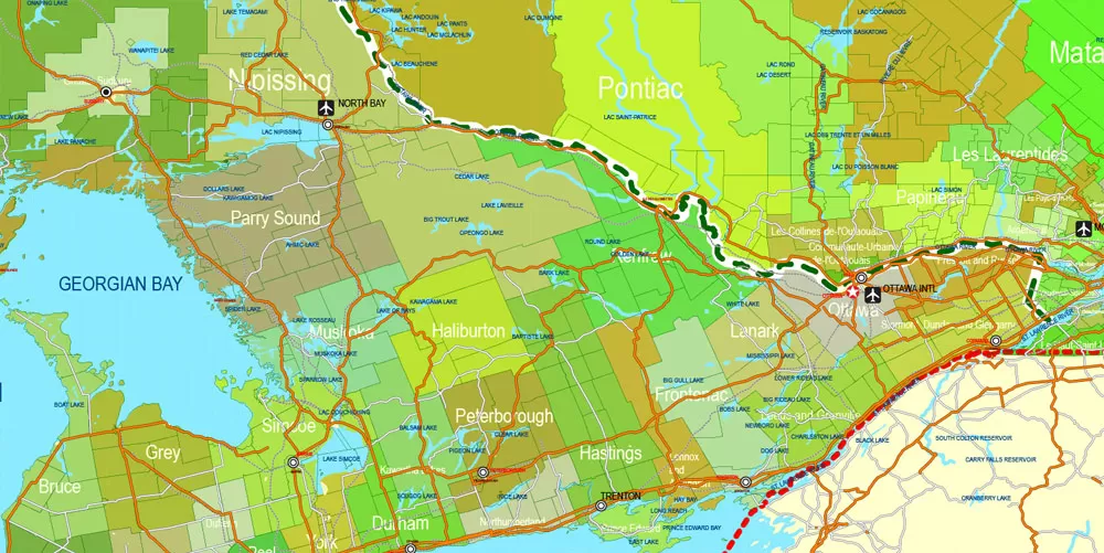 Printable Admin Road Map Canada Extra Detailed, Miller Projection, - Provinces, Counties, Admin Districts, Roads, Water, Cities, Airports full editable, Adobe Illustrator, scalable, editable text format names, 154 Mb ZIP