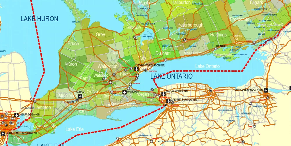 Printable Admin Road Map Canada Extra Detailed, Miller Projection, - Provinces, Counties, Admin Districts, Roads, Water, Cities, Airports full editable, Adobe Illustrator, scalable, editable text format names, 154 Mb ZIP