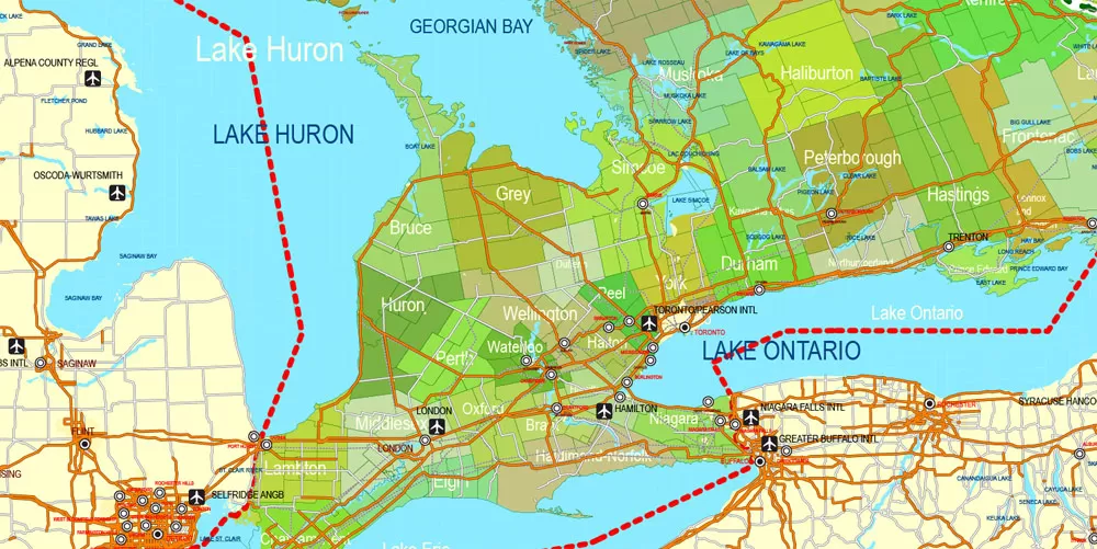 Printable Admin Road Map Canada Extra Detailed, Miller Projection, - Provinces, Counties, Admin Districts, Roads, Water, Cities, Airports full editable, Adobe Illustrator, scalable, editable text format names, 154 Mb ZIP