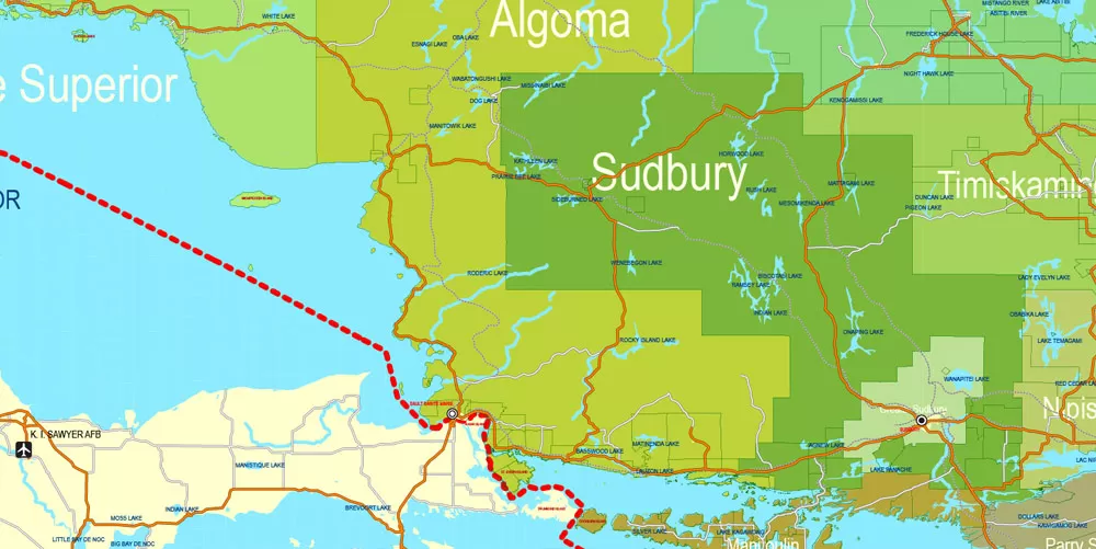 Printable Admin Road Map Canada Extra Detailed, Miller Projection, - Provinces, Counties, Admin Districts, Roads, Water, Cities, Airports full editable, Adobe Illustrator, scalable, editable text format names, 154 Mb ZIP