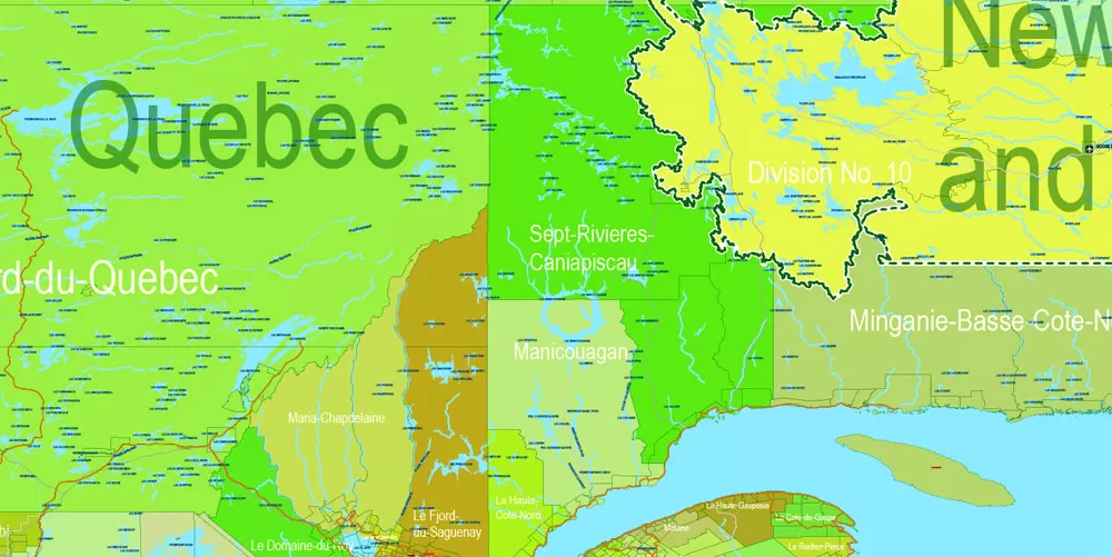 Printable Admin Road Map Canada Extra Detailed, Miller Projection, - Provinces, Counties, Admin Districts, Roads, Water, Cities, Airports full editable, Adobe Illustrator, scalable, editable text format names, 154 Mb ZIP