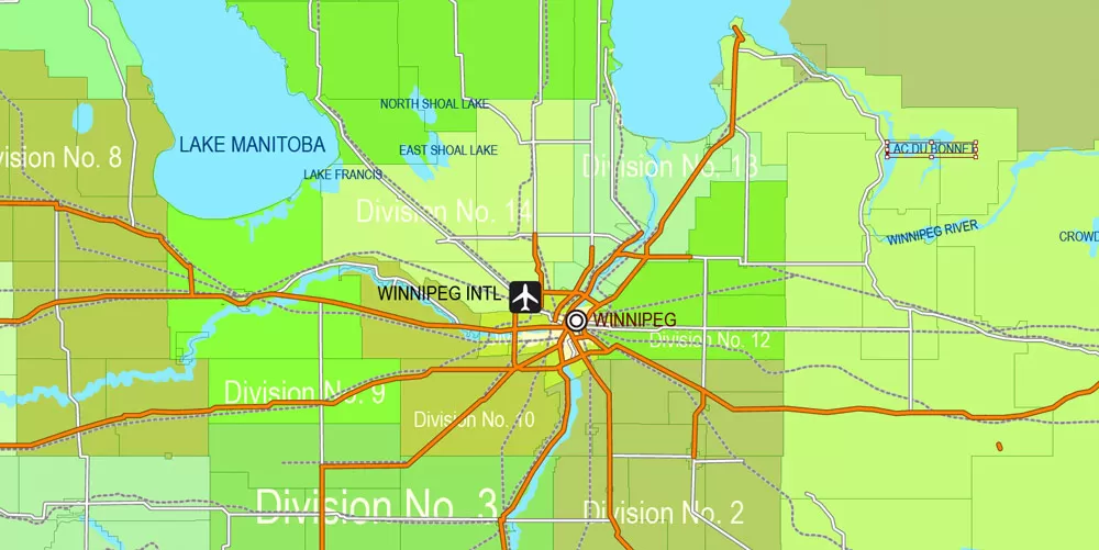 Printable Admin Road Map Canada Extra Detailed, Miller Projection, - Provinces, Counties, Admin Districts, Roads, Water, Cities, Airports full editable, Adobe Illustrator, scalable, editable text format names, 154 Mb ZIP