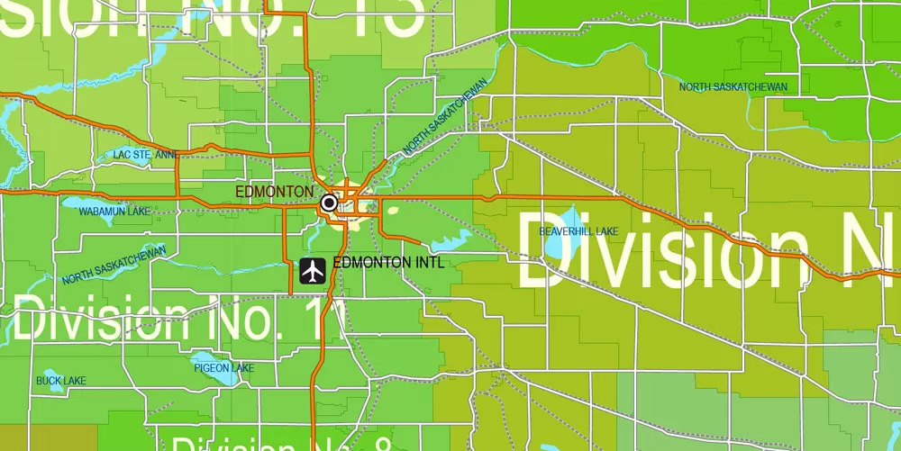 Printable Admin Road Map Canada Extra Detailed, Miller Projection, - Provinces, Counties, Admin Districts, Roads, Water, Cities, Airports full editable, Adobe Illustrator, scalable, editable text format names, 154 Mb ZIP