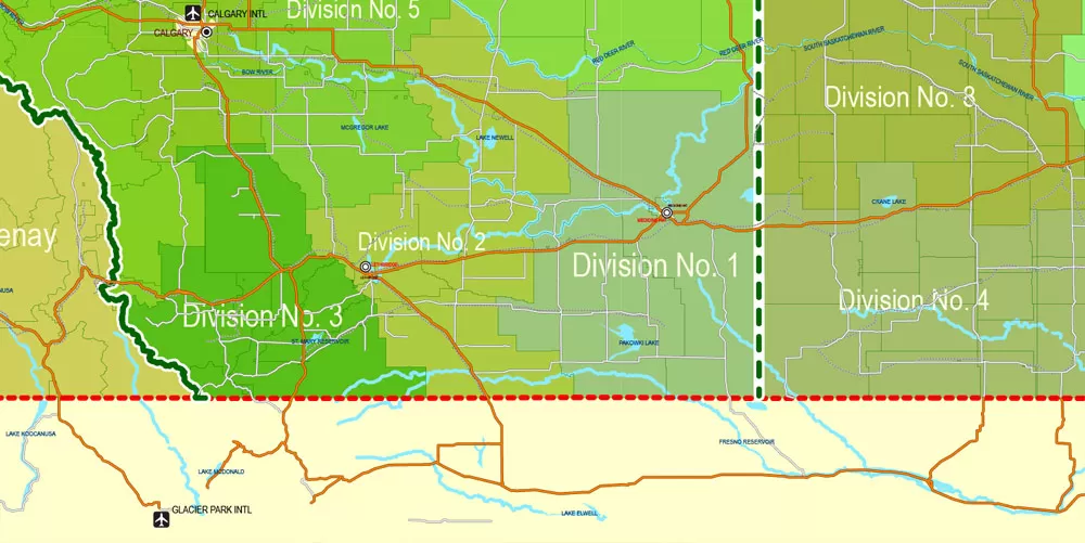 Printable Admin Road Map Canada Extra Detailed, Miller Projection, - Provinces, Counties, Admin Districts, Roads, Water, Cities, Airports full editable, Adobe Illustrator, scalable, editable text format names, 154 Mb ZIP