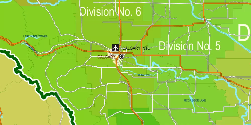 Printable Admin Road Map Canada Extra Detailed, Miller Projection, - Provinces, Counties, Admin Districts, Roads, Water, Cities, Airports full editable, Adobe Illustrator, scalable, editable text format names, 154 Mb ZIP