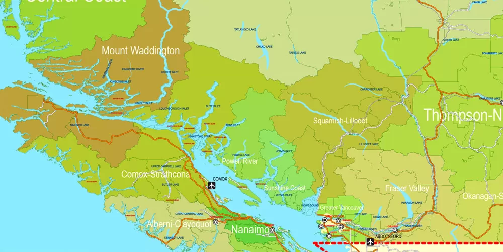Printable Admin Road Map Canada Extra Detailed, Miller Projection, - Provinces, Counties, Admin Districts, Roads, Water, Cities, Airports full editable, Adobe Illustrator, scalable, editable text format names, 154 Mb ZIP