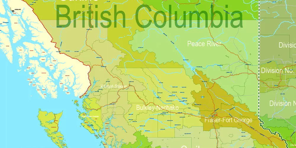 Printable Admin Road Map Canada Extra Detailed, Miller Projection, - Provinces, Counties, Admin Districts, Roads, Water, Cities, Airports full editable, Adobe Illustrator, scalable, editable text format names, 154 Mb ZIP