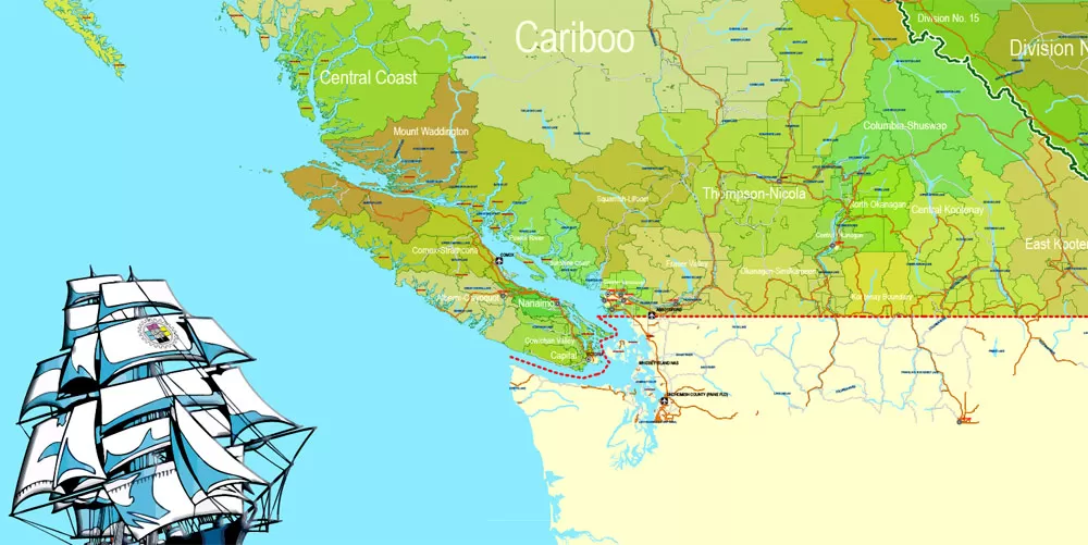 Printable Admin Road Map Canada Extra Detailed, Miller Projection, - Provinces, Counties, Admin Districts, Roads, Water, Cities, Airports full editable, Adobe Illustrator, scalable, editable text format names, 154 Mb ZIP