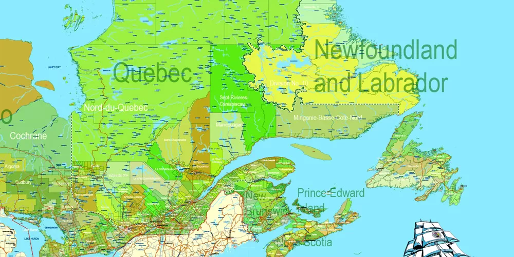 Printable Admin Road Map Canada Extra Detailed, Miller Projection, - Provinces, Counties, Admin Districts, Roads, Water, Cities, Airports full editable, Adobe Illustrator, scalable, editable text format names, 154 Mb ZIP
