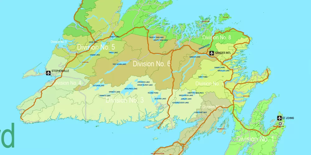 Printable Admin Road Map Canada Extra Detailed, Miller Projection, - Provinces, Counties, Admin Districts, Roads, Water, Cities, Airports full editable, Adobe Illustrator, scalable, editable text format names, 154 Mb ZIP