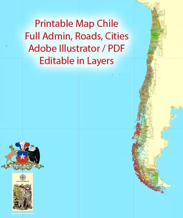 Printable Admin Road Map Chile Extra Detailed, Mercator Projection, - Provinces, Admin Districts, Roads, Water, Cities, full editable, Adobe Illustrator,  scalable, editable text format  names, 74 Mb ZIP
