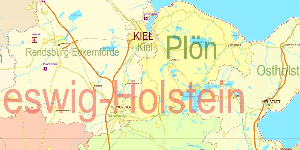 Printable Editable Map Germany Administrative Divisions - Provinces, Districts, Roads, Cities, Airports, Railroads Adobe Illustrator,  scalable, editable text format  names, 26 Mb ZIP.