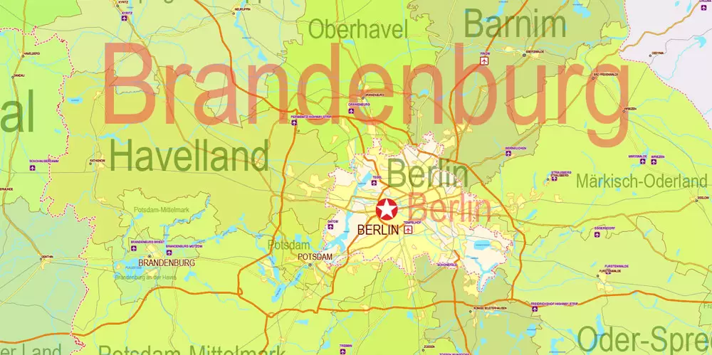 Printable Editable Map Germany Administrative Divisions - Provinces, Districts, Roads, Cities, Airports, Railroads Adobe Illustrator,  scalable, editable text format  names, 26 Mb ZIP.