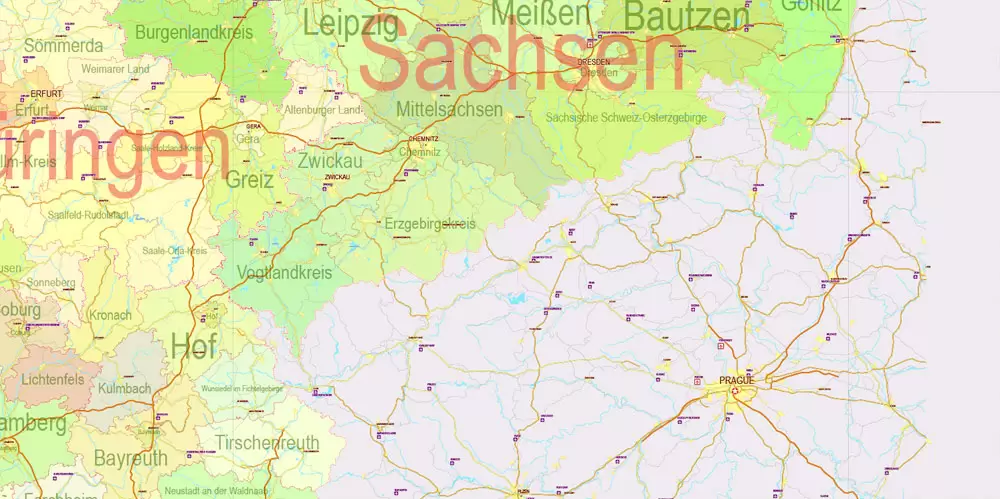 Printable Editable Map Germany Administrative Divisions - Provinces, Districts, Roads, Cities, Airports, Railroads Adobe Illustrator,  scalable, editable text format  names, 26 Mb ZIP.