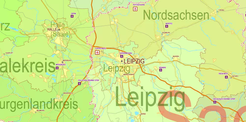 Printable Editable Map Germany Administrative Divisions - Provinces, Districts, Roads, Cities, Airports, Railroads Adobe Illustrator,  scalable, editable text format  names, 26 Mb ZIP.