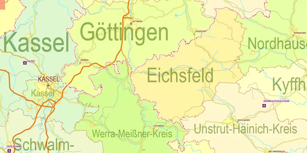 Printable Editable Map Germany Administrative Divisions - Provinces, Districts, Roads, Cities, Airports, Railroads Adobe Illustrator,  scalable, editable text format  names, 26 Mb ZIP.