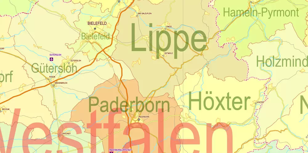 Printable Editable Map Germany Administrative Divisions - Provinces, Districts, Roads, Cities, Airports, Railroads Adobe Illustrator,  scalable, editable text format  names, 26 Mb ZIP.