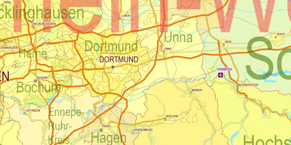 Printable Editable Map Germany Administrative Divisions - Provinces, Districts, Roads, Cities, Airports, Railroads Adobe Illustrator,  scalable, editable text format  names, 26 Mb ZIP.