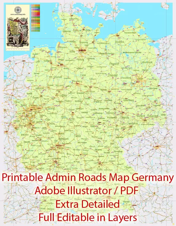 Printable Editable Map Germany Administrative Divisions - Provinces, Districts, Roads, Cities, Airports, Railroads Adobe Illustrator,  scalable, editable text format  names, 26 Mb ZIP.