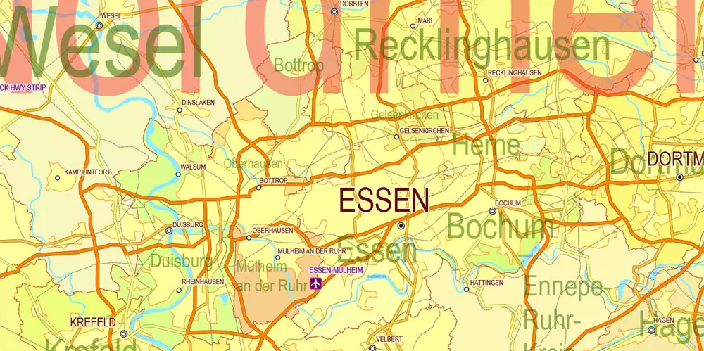Printable Editable Map Germany Administrative Divisions - Provinces, Districts, Roads, Cities, Airports, Railroads Adobe Illustrator,  scalable, editable text format  names, 26 Mb ZIP.