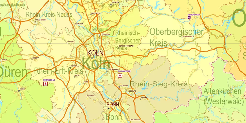 Printable Editable Map Germany Administrative Divisions - Provinces, Districts, Roads, Cities, Airports, Railroads Adobe Illustrator,  scalable, editable text format  names, 26 Mb ZIP.