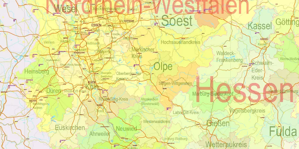 Printable Editable Map Germany Administrative Divisions - Provinces, Districts, Roads, Cities, Airports, Railroads Adobe Illustrator,  scalable, editable text format  names, 26 Mb ZIP.